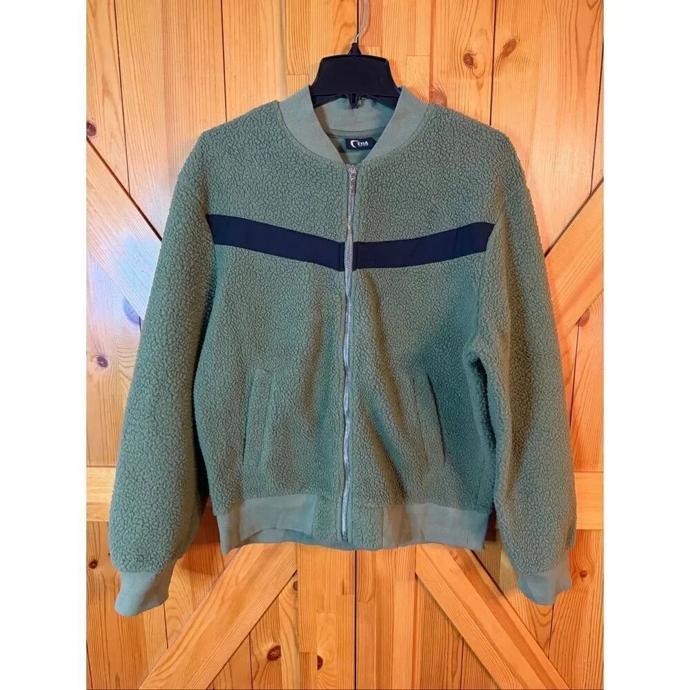ZYIA ACTIVE Jacket Womens Large Green Black Sherpa Fleece Full Zip (6618)